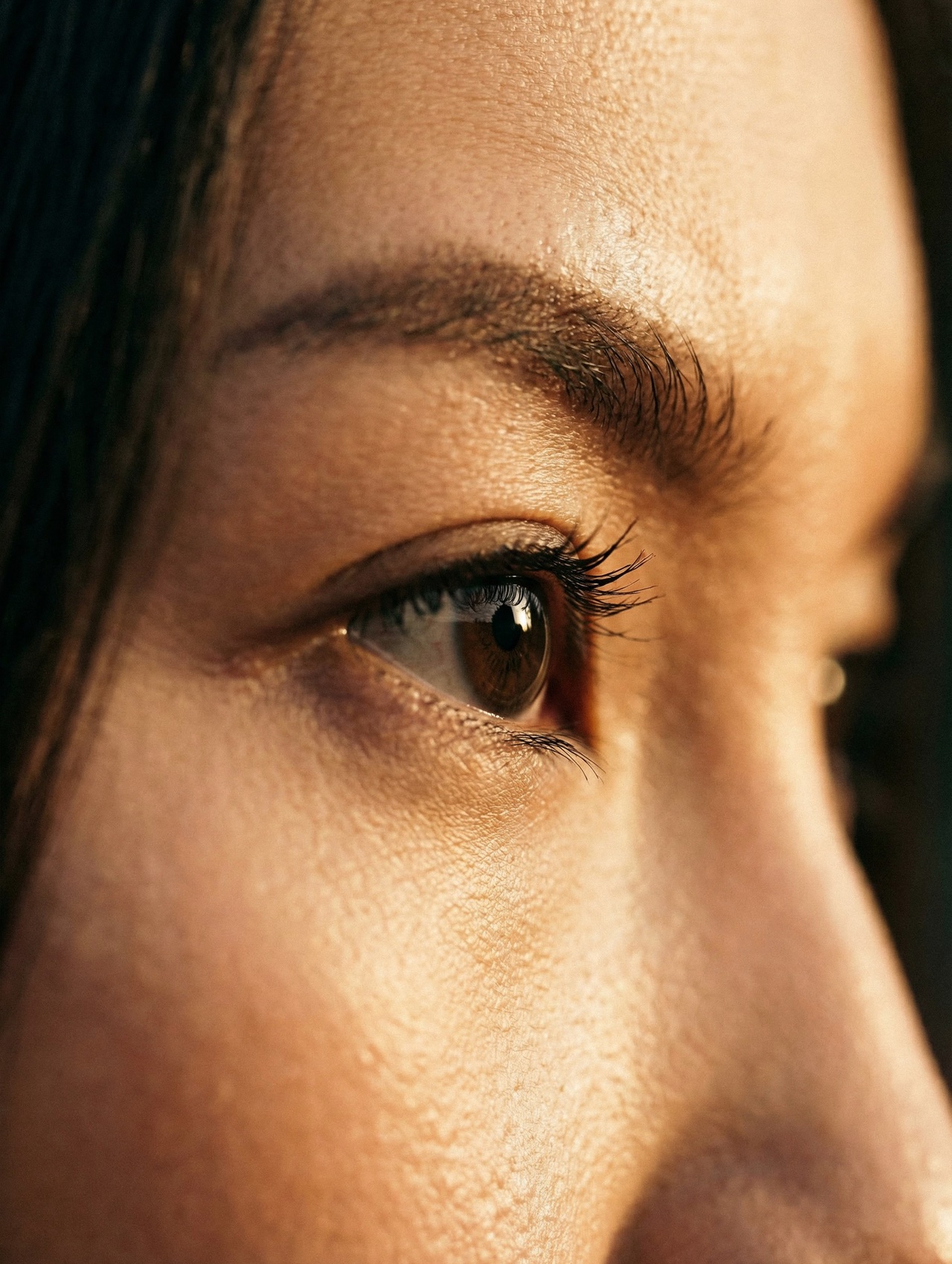 A close-up macro portrait of an eye in profile, lit by warm natural light — intentional looking.